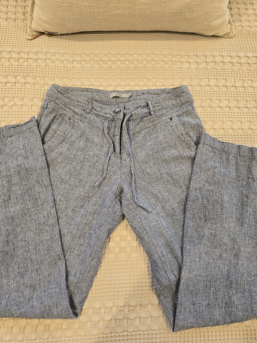 Dalia Light Blue Striped Linen-Blend Pants